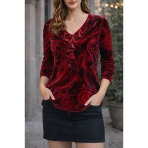 Pyramid Collection Red Black Velvet Paisley Goth Fairycore Boho Tunic Top Large